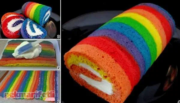 Gökkuşağı desenli rulo pasta yapımı