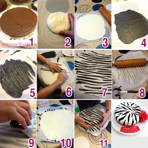 Zebra desenli şeker hamurlu pasta süslemesi