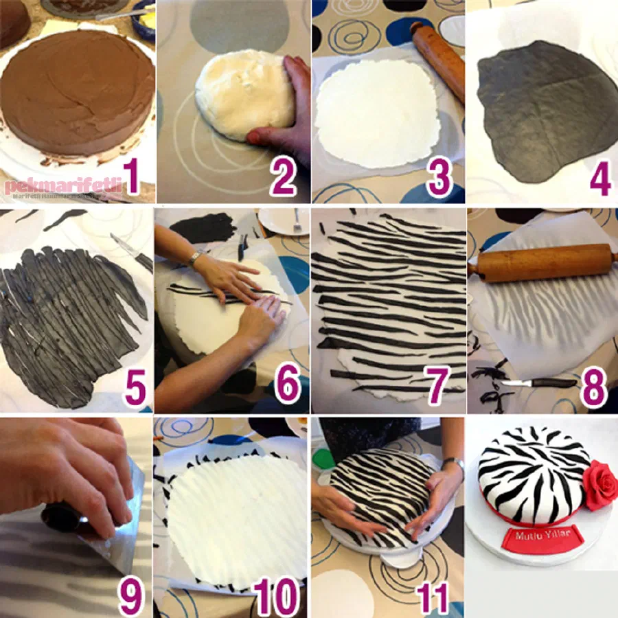 Zebra desenli şeker hamurlu pasta süslemesi